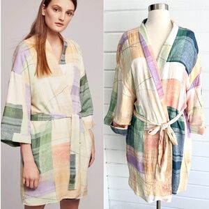 ANTHROPOLOGIE Lilka Watercolor Plaid Fleece Lined Short Kimono Robe - XS/S
